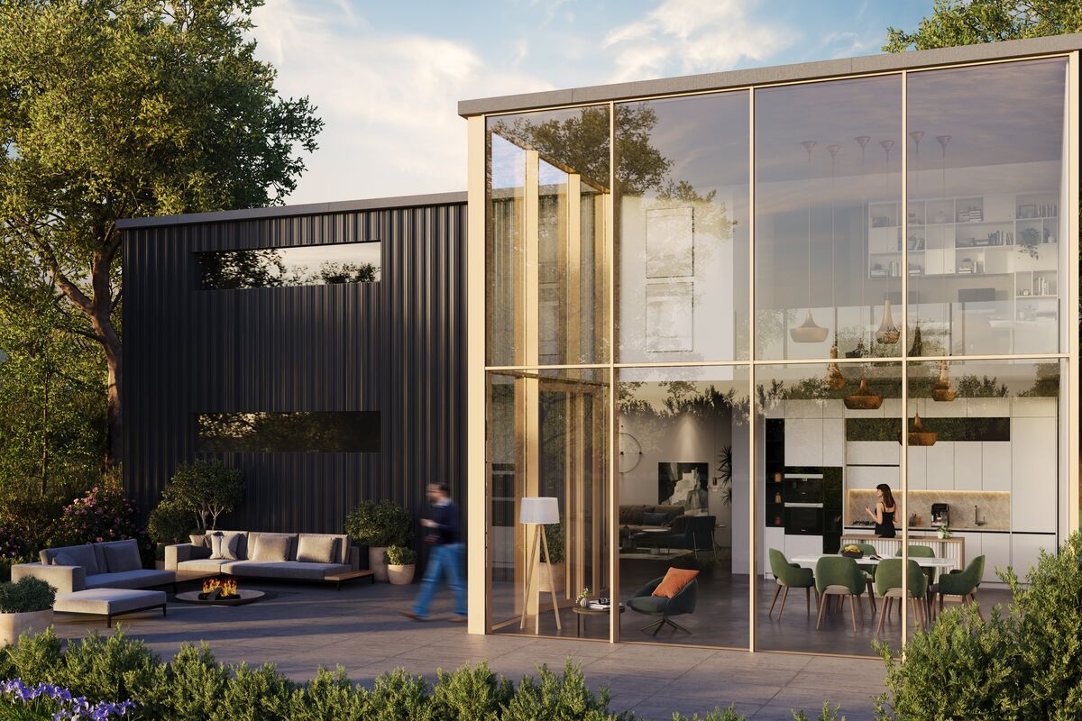 Render arquitetônico de casa privada moderna com fachadas de vidro do chão ao teto.
