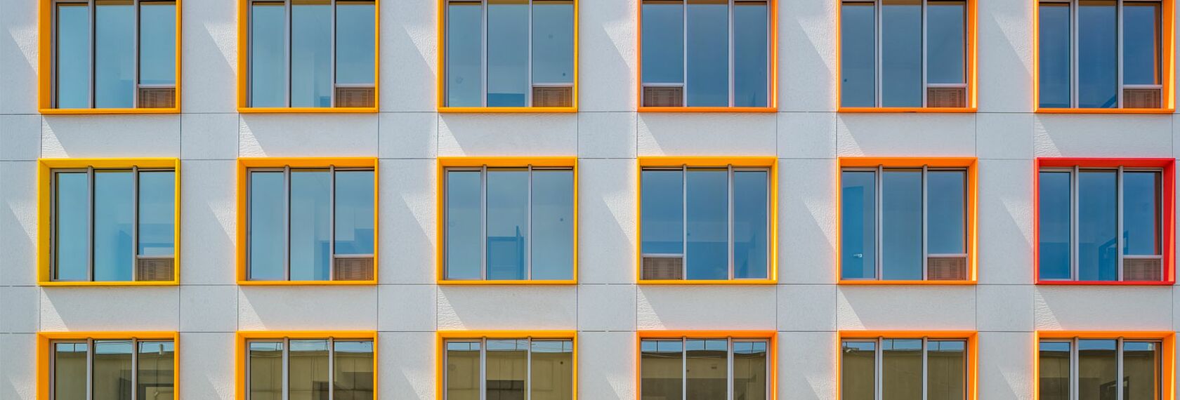 Detail of orange window profiles, featured in the RheinGold building project.