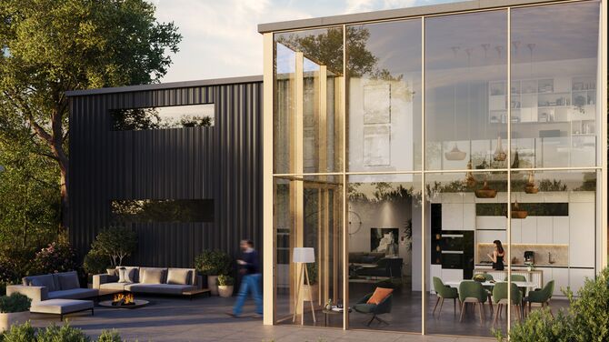 Alt: Render arquitetônico de casa privada moderna com fachadas de aluminio com vidro do chão ao teto.