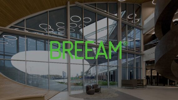 BREEAM logo in front of glass façade.